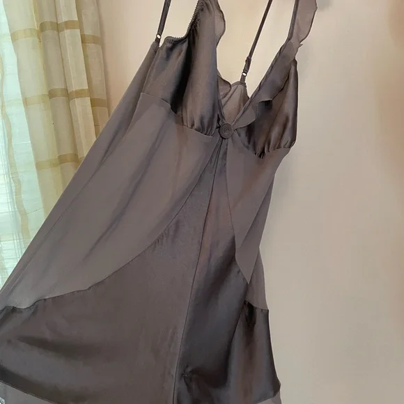 Brown Silk Step In with V-Neck, Sheer Back and Side Detail Ruffle Neckline VS - Picture 7 of 9